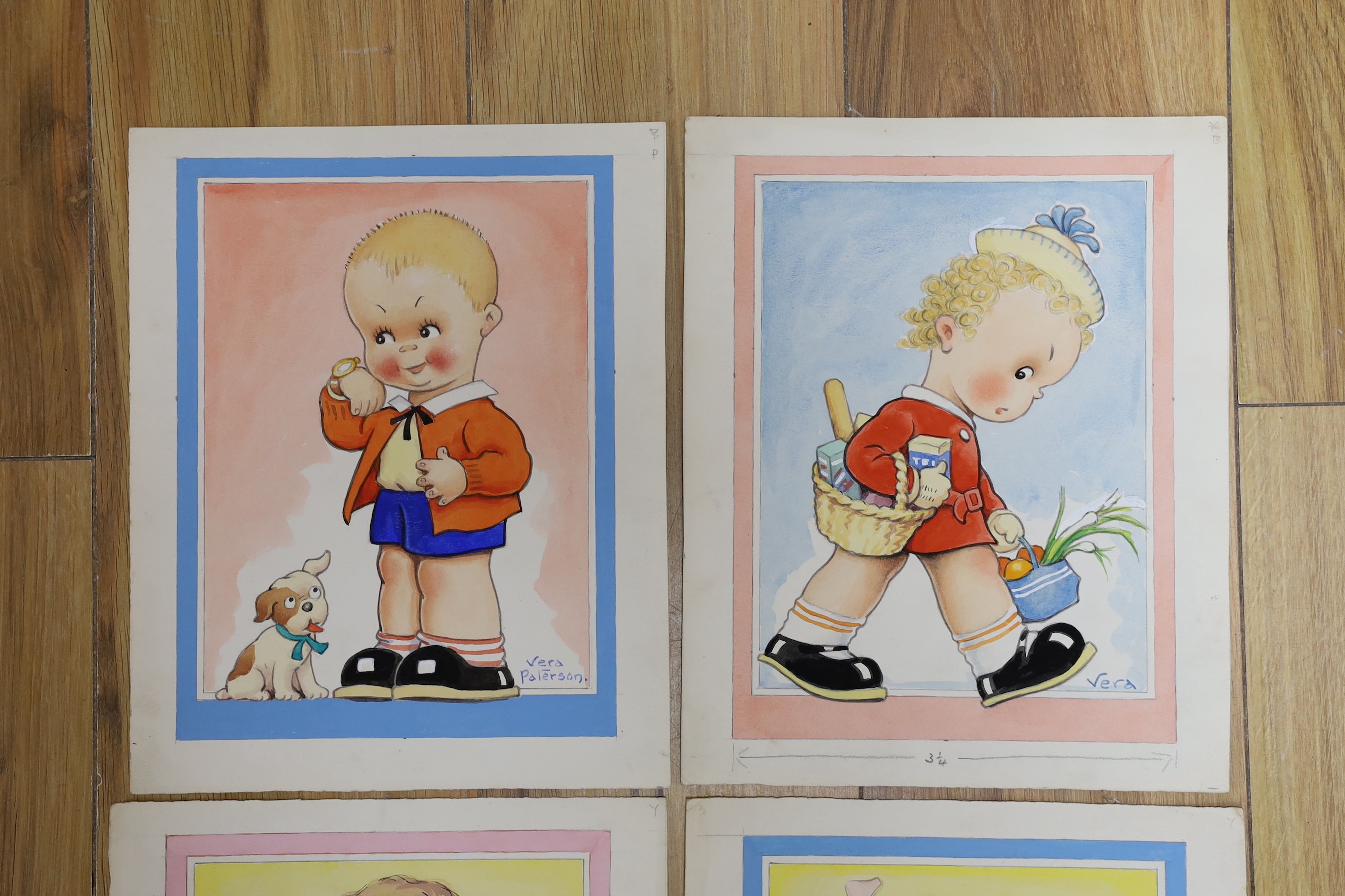 Reg Maurice (aka Vera Paterson), four watercolours, original postcard artwork for children's characters, 28 x 23cm, unframed